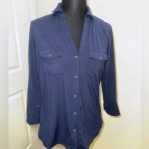 J. McLaughlin navy blue V-neck button down blouse